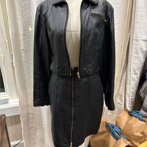 Avon Black Leather Jacket and Skirt Ensemble